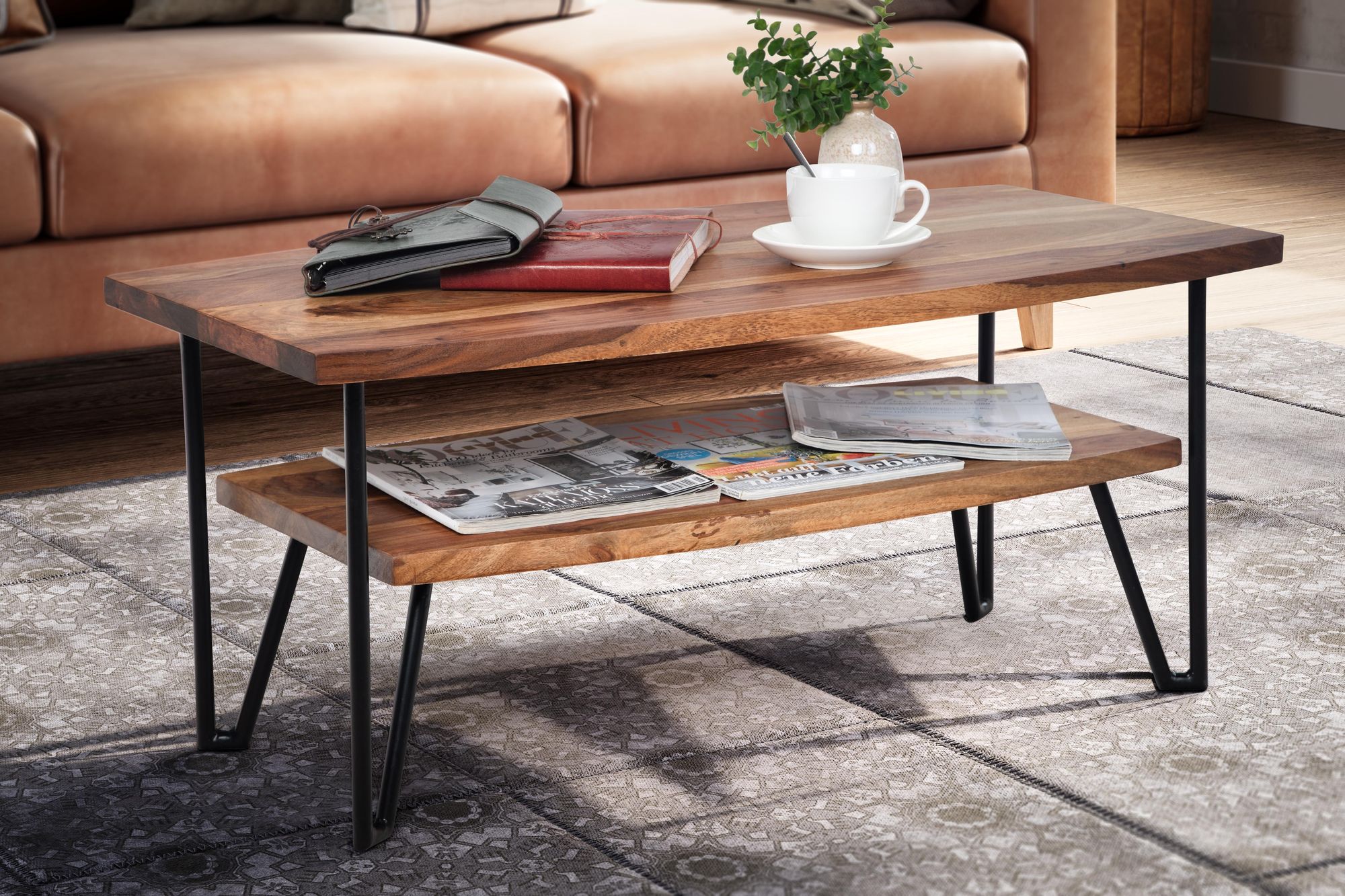 Couchtisch FineBuy Sofatisch 90x50x40 cm Sheesham Massivholz Tisch mit Stauraum – Ansicht 2