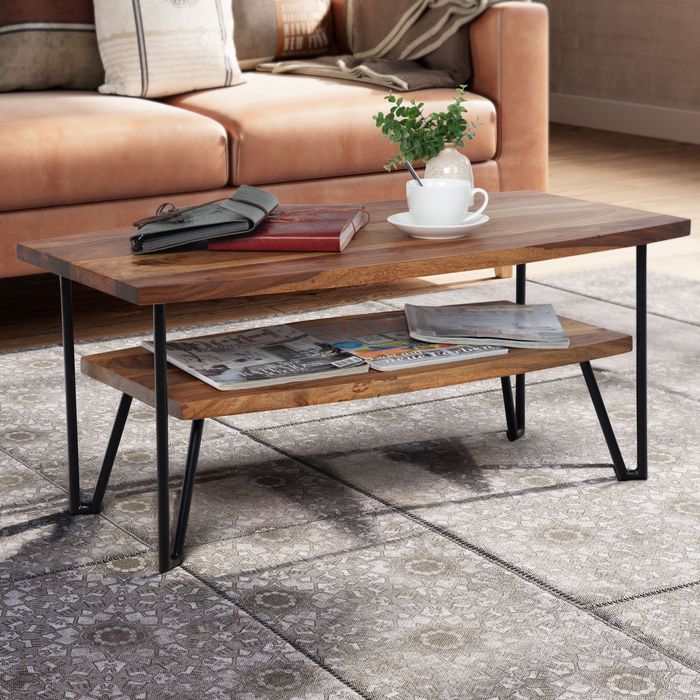 FineBuy Couchtisch 90x50x40 cm Sheesham Massivholz / Metall Sofatisch Rechteckig, Design Wohnzimmertisch Kaffeetisch mit Stauraum, Holztisch Wohnzimmer Industrial Vierrund 4251757714504