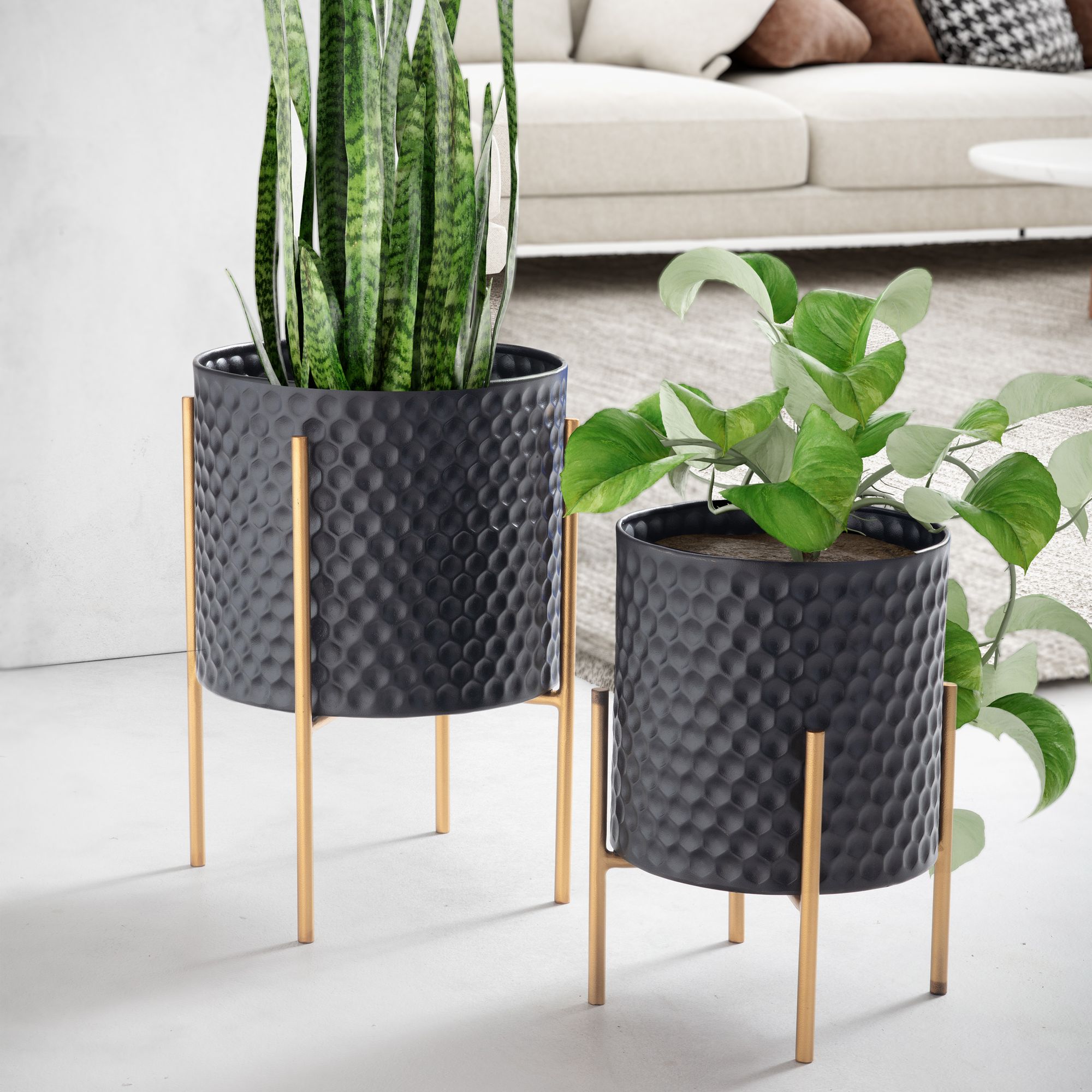 Blumentopf FineBuy Pflanzenkübel 2er Set Metall Schwarz Gold Rund Pflanzgefäß – Ansicht 1