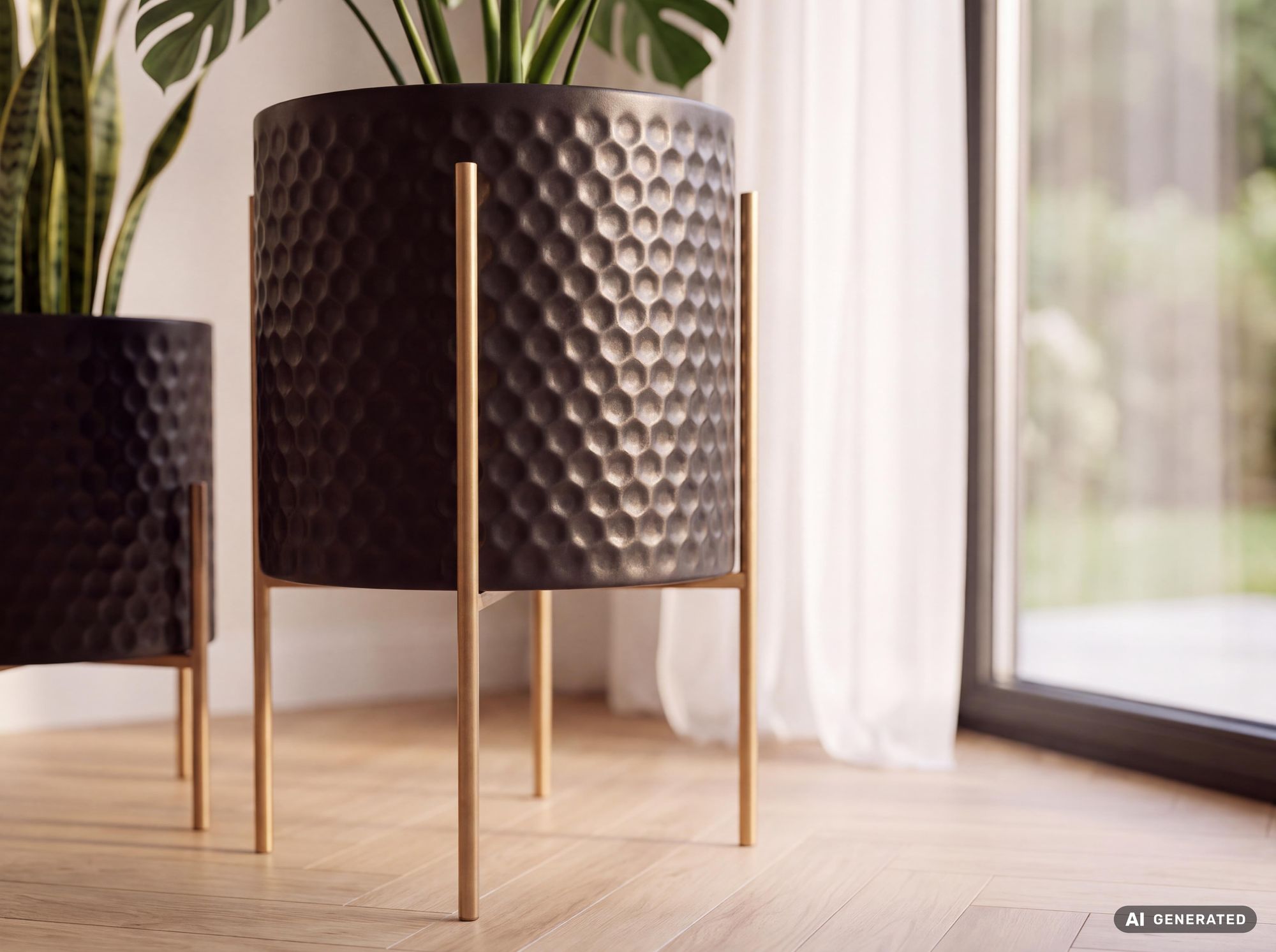 Blumentopf FineBuy Pflanzenkübel 2er Set Metall Schwarz Gold Rund Pflanzgefäß – Ansicht 8