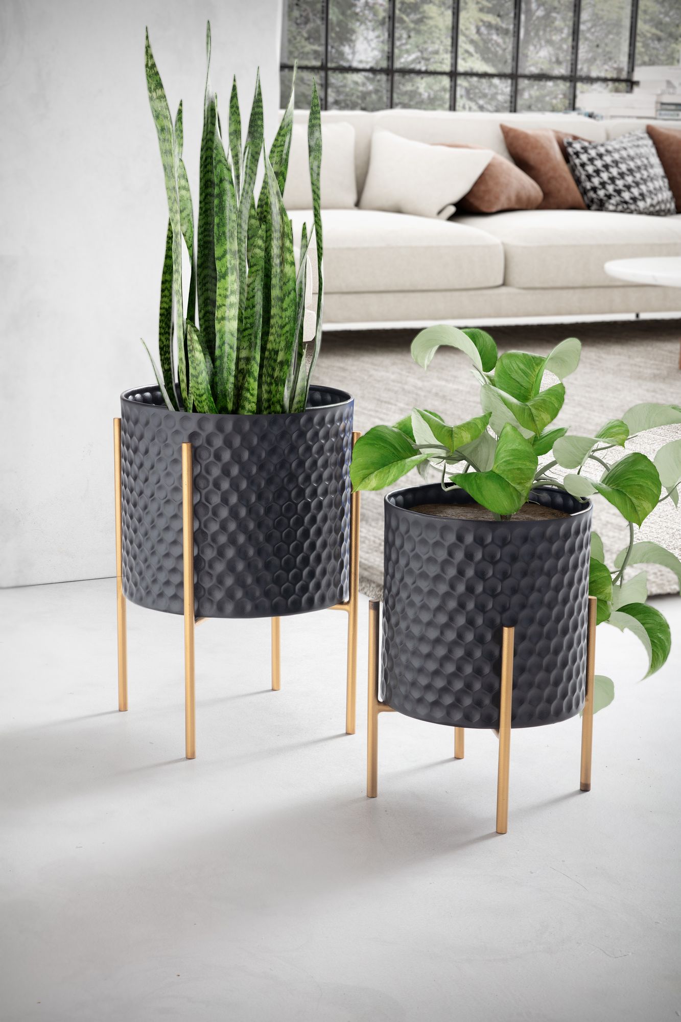 Blumentopf FineBuy Pflanzenkübel 2er Set Metall Schwarz Gold Rund Pflanzgefäß – Ansicht 2