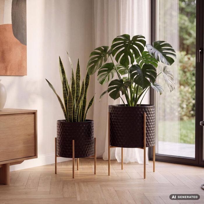 Blumentopf FineBuy Pflanzenkübel 2er Set Metall Schwarz Gold Rund Pflanzgefäß