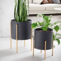 Blumentopf FineBuy Pflanzenkübel 2er Set Metall Schwarz Gold Rund Pflanzgefäß – Ansicht 1