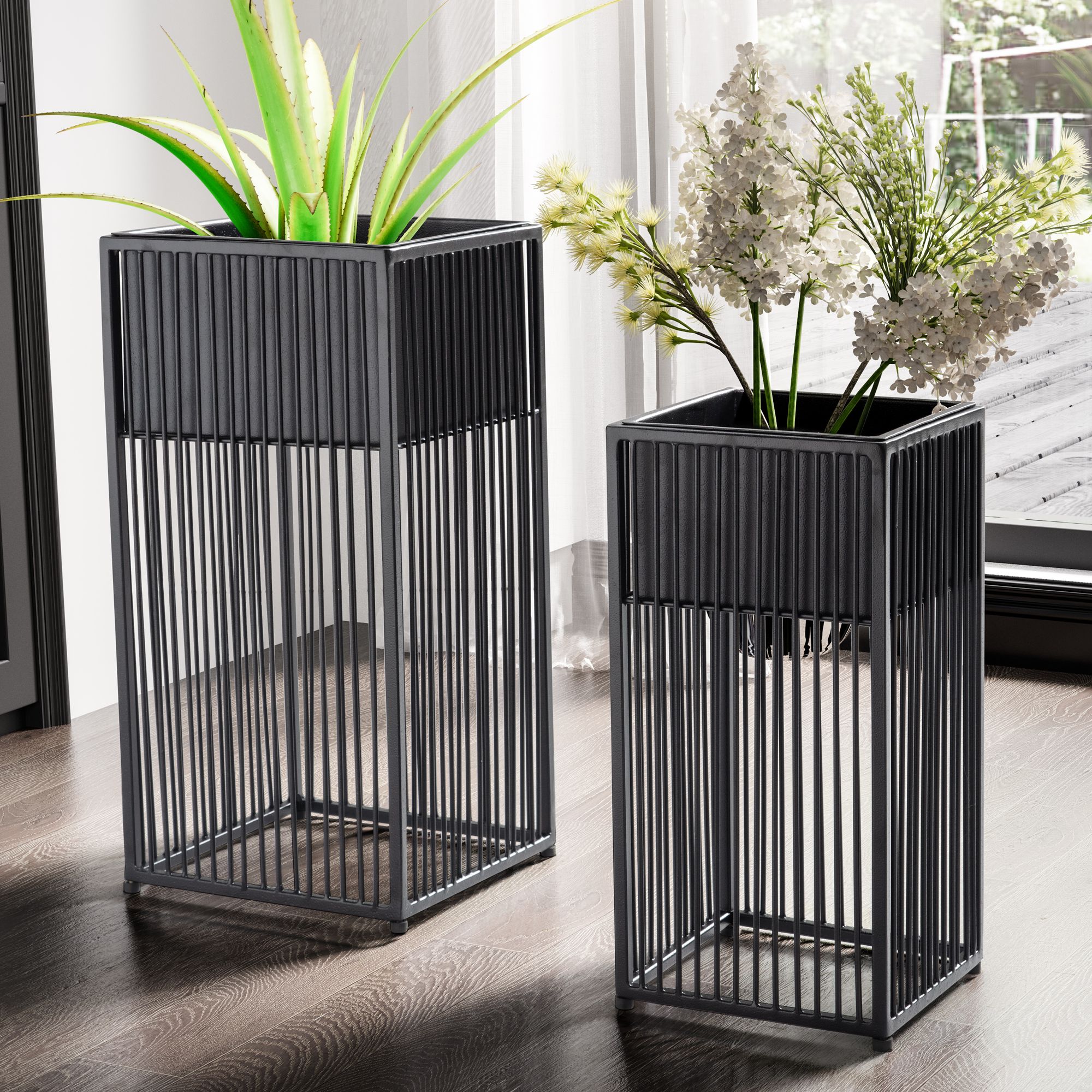 Blumentopf FineBuy Pflanzenkübel 2er Set Metall Schwarz Quadratisch Pflanzgefäß – Ansicht 1