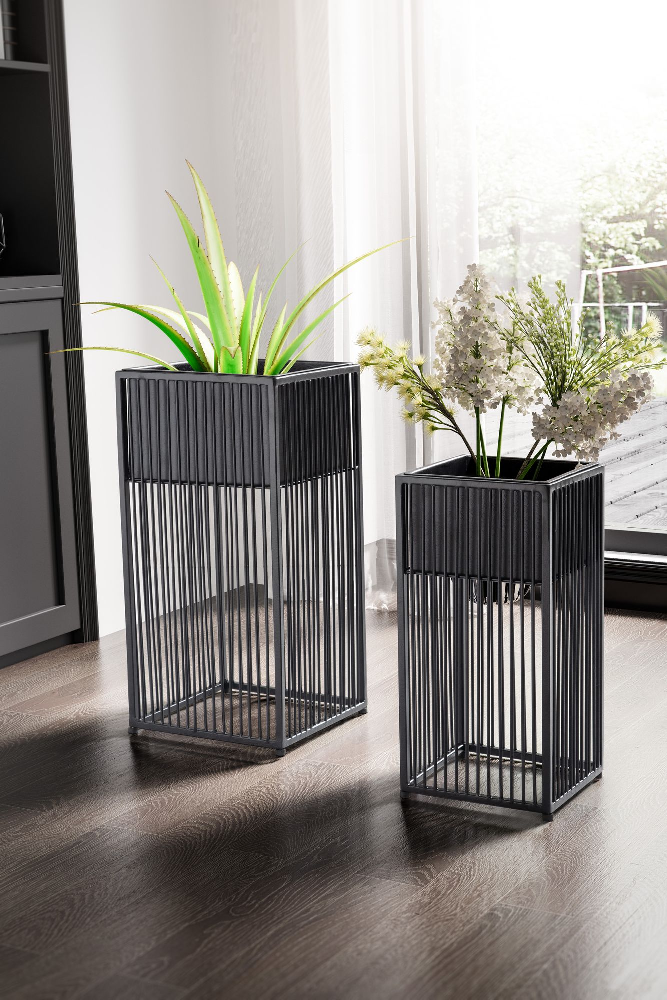 Blumentopf FineBuy Pflanzenkübel 2er Set Metall Schwarz Quadratisch Pflanzgefäß – Ansicht 2