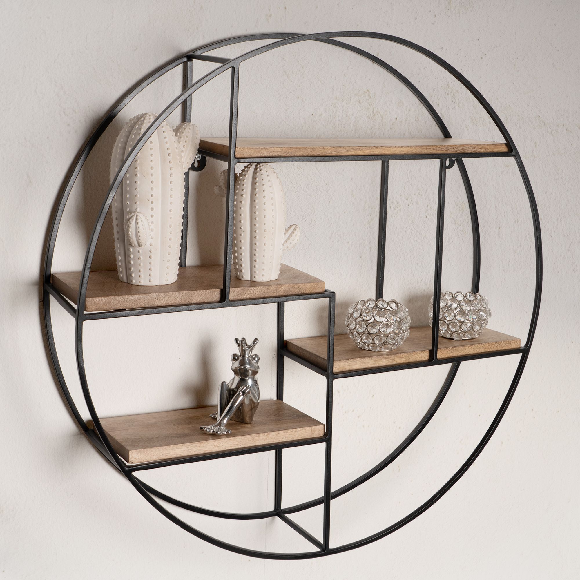 Wandregal FineBuy Hängeregal Holz Metall 70x70x18cm Hängeregal Regal Rund Massiv – Ansicht 1
