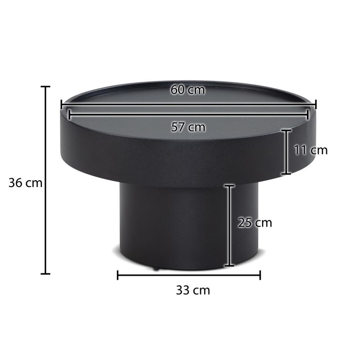 Couchtisch rund 60cm Metall schwarz Wohnzimmertisch Alu Sofatisch Beistelltisch – Maßzeichnung