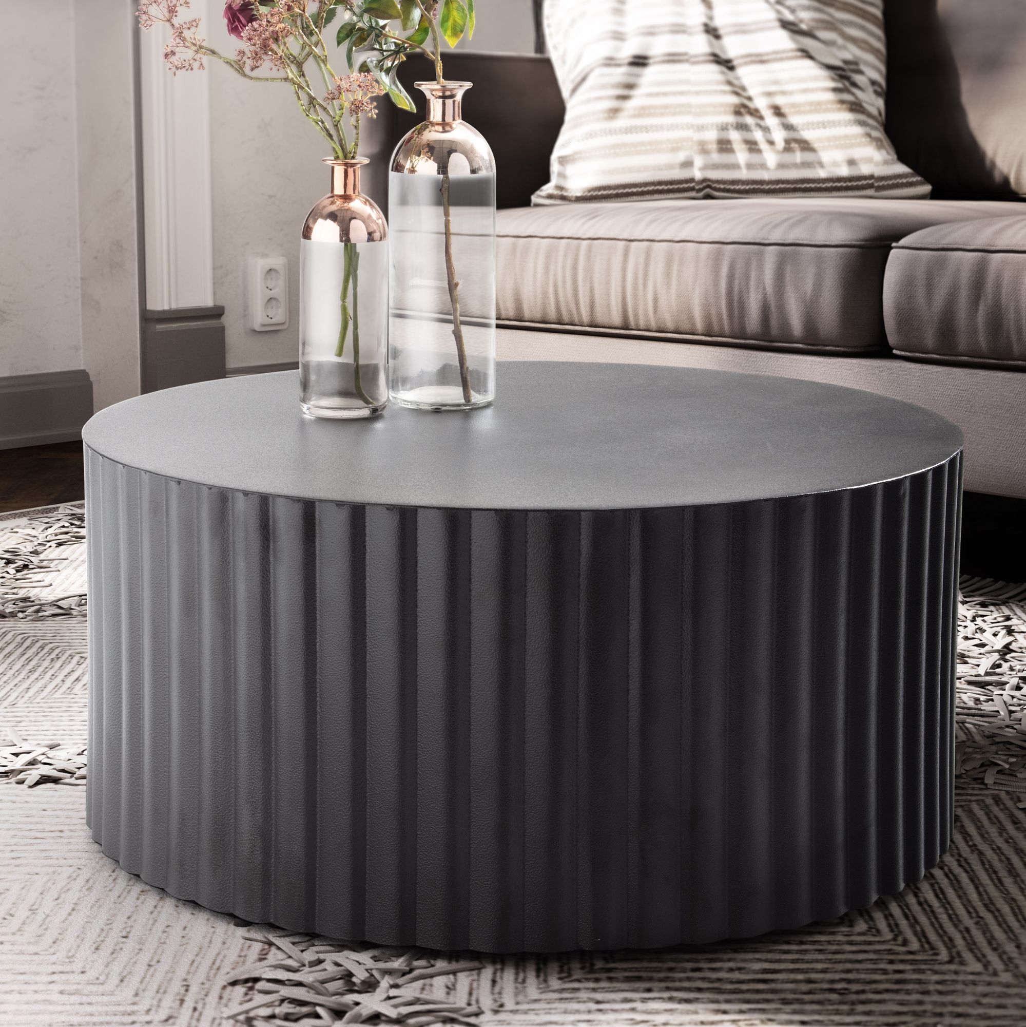 FineBuy Design Couchtisch rund 70 cm Metall Schwarz - Handgefertigter Aluminium Wohnzimmertisch mit Lamellenstruktur - Moderner Sofatisch Wohnzimmer | Farbe: Schwarz