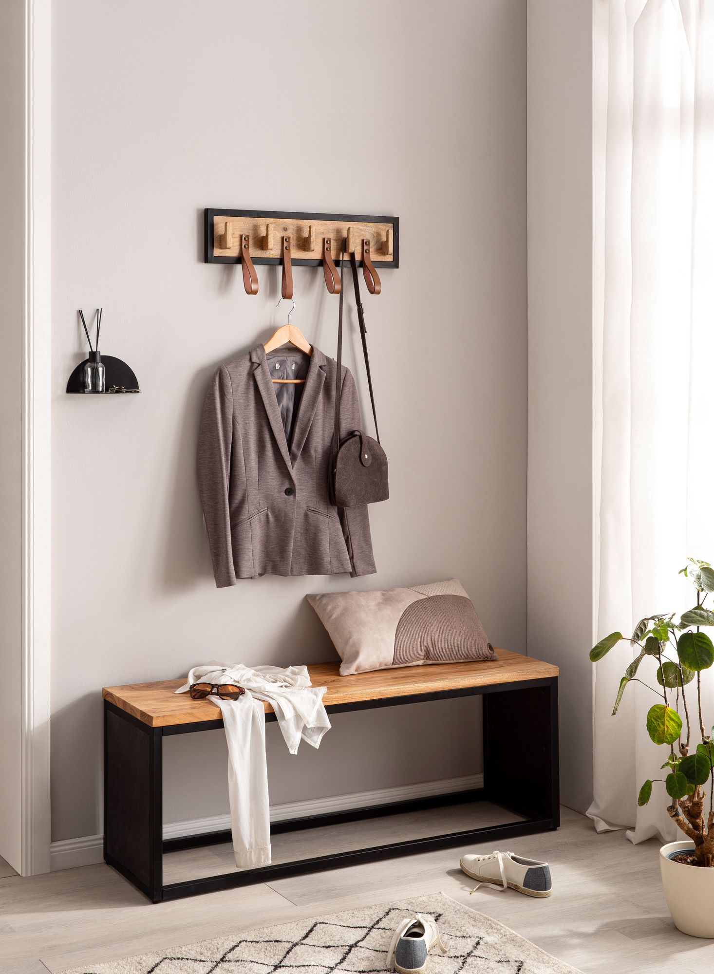Wandgarderobe FineBuy Hakenleiste Holz Echtleder 60 cm Garderobe Flur Metall – Ansicht 2