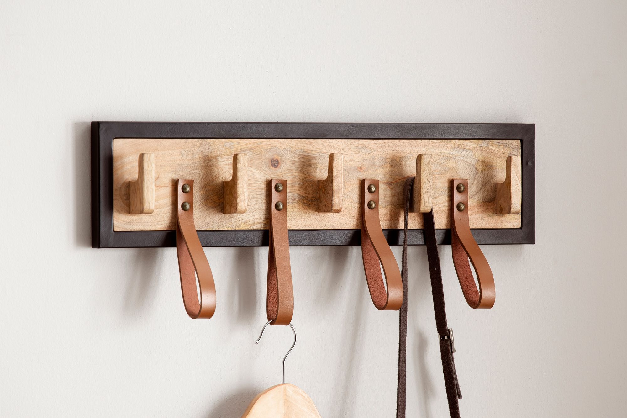 Wandgarderobe FineBuy Hakenleiste Holz Echtleder 60 cm Garderobe Flur Metall – Ansicht 4