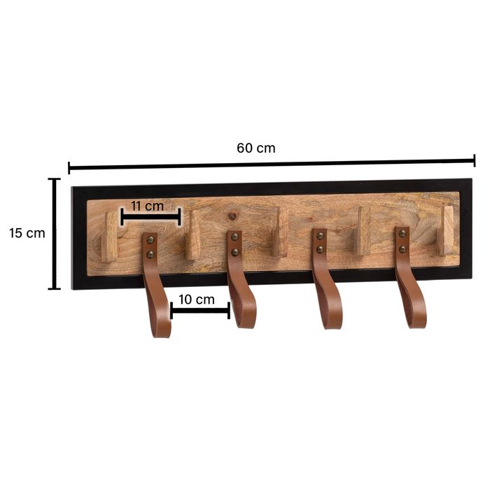 Wandgarderobe FineBuy Hakenleiste Holz Echtleder 60 cm Garderobe Flur Metall – Maßzeichnung