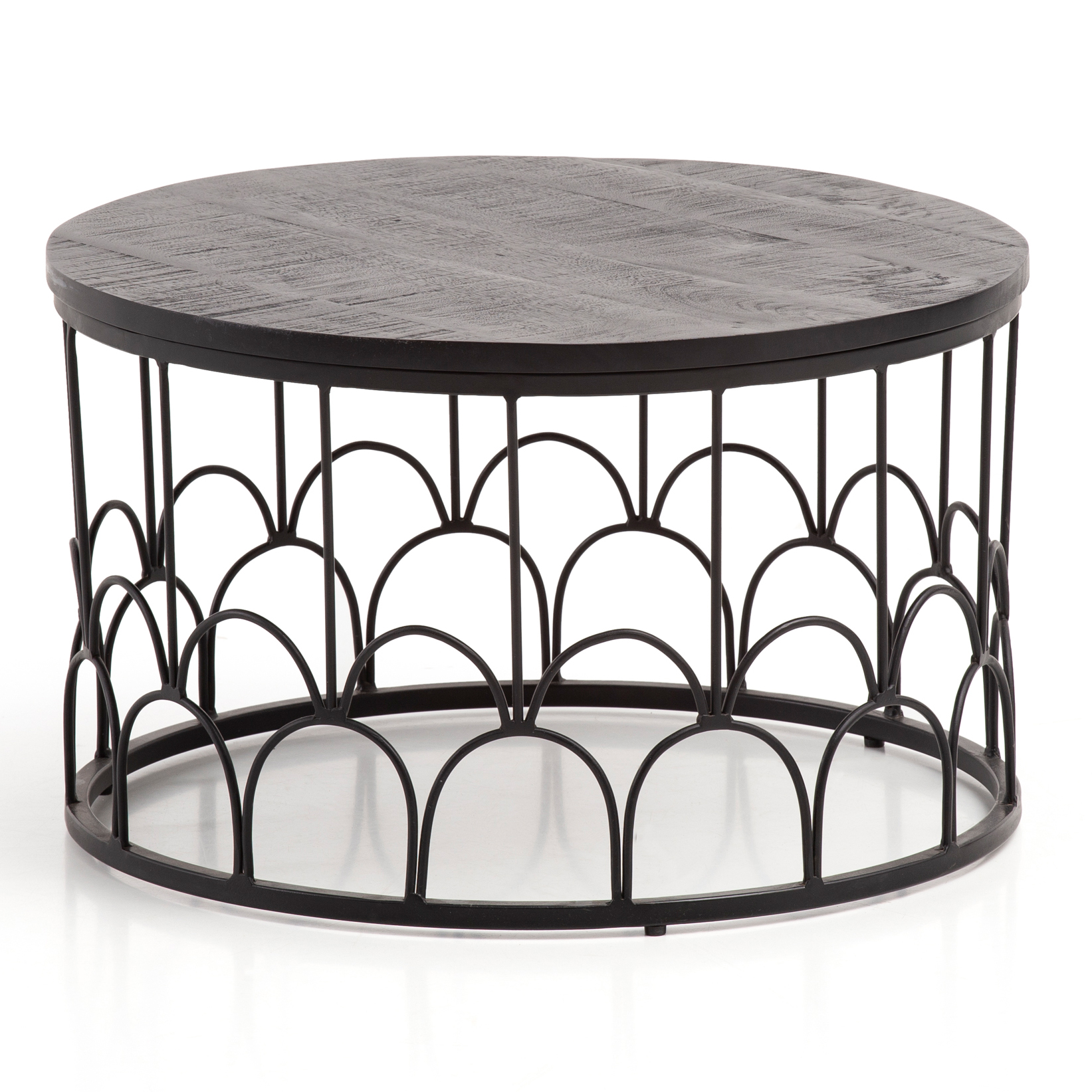 FineBuy Couchtisch Mango Massivholz rund Ø 60 cm Schwarz · Wohnzimmertisch mit Metallgestell · Handgefertigter Sofatisch im Art-Deco Industrial Design | Farbe: Schwarz