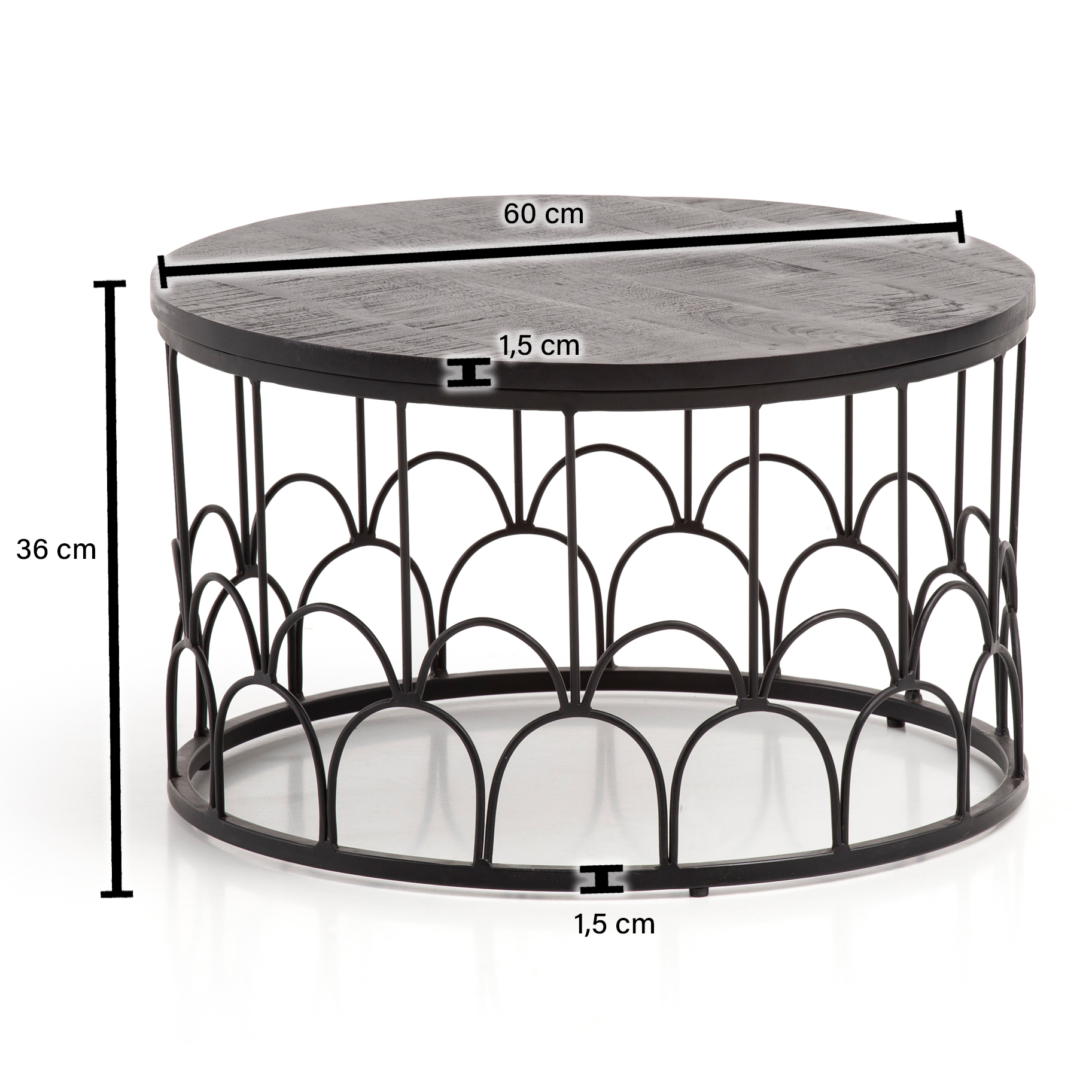 Couchtisch Massivholz rund Ø60cm Schwarz Wohnzimmertisch Art-Deco Industrial – Ansicht 3