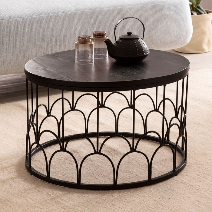 Couchtisch Massivholz rund Ø60cm Schwarz Wohnzimmertisch Art-Deco Industrial