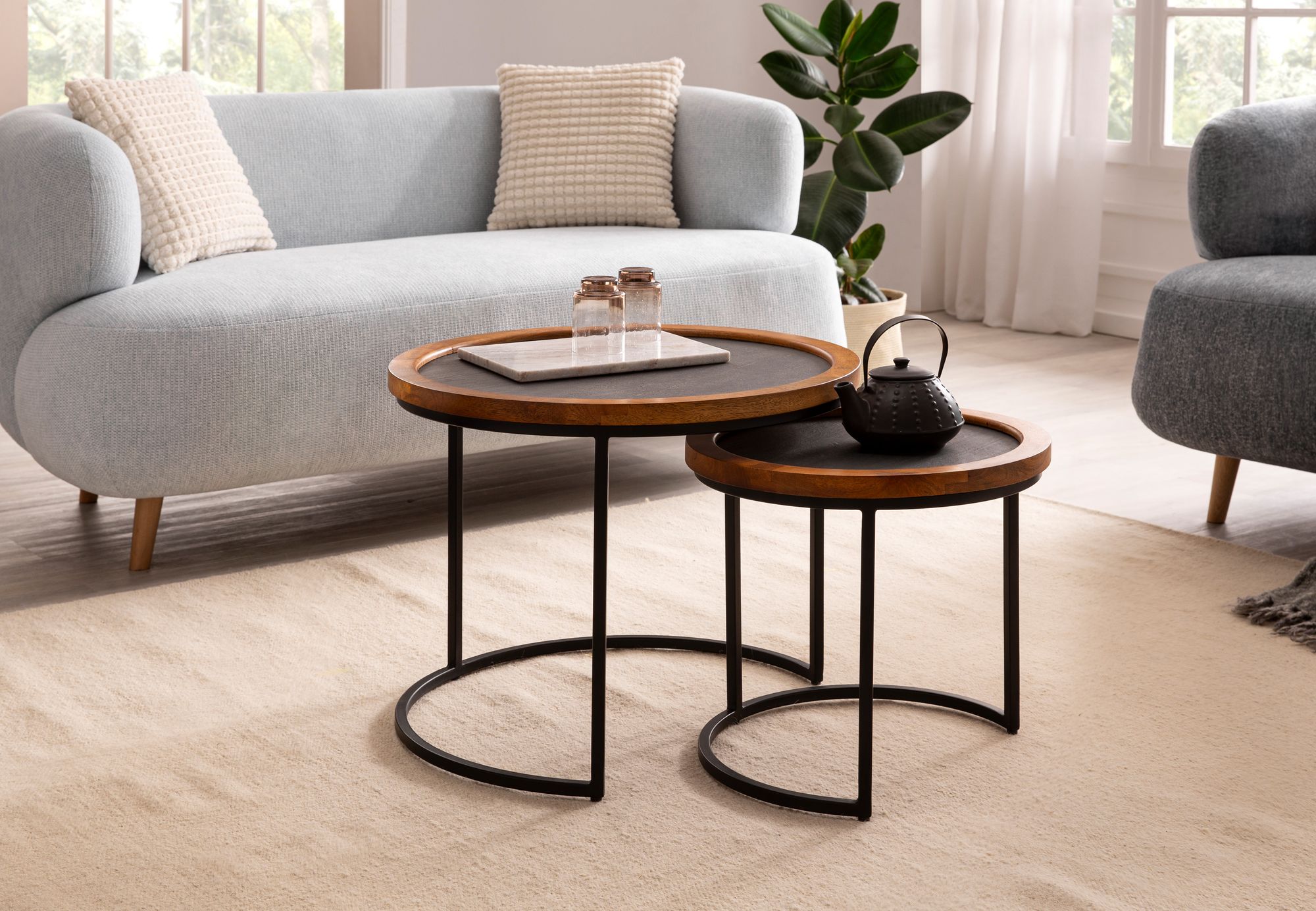 Couchtisch FineBuy Wohnzimmertisch 2er Set Rund Holz / Steinoptik Satztisch – Ansicht 2