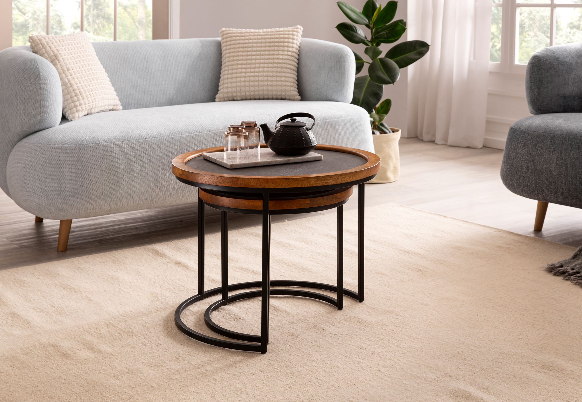 Couchtisch FineBuy Wohnzimmertisch 2er Set Rund Holz / Steinoptik Satztisch – Ansicht 5
