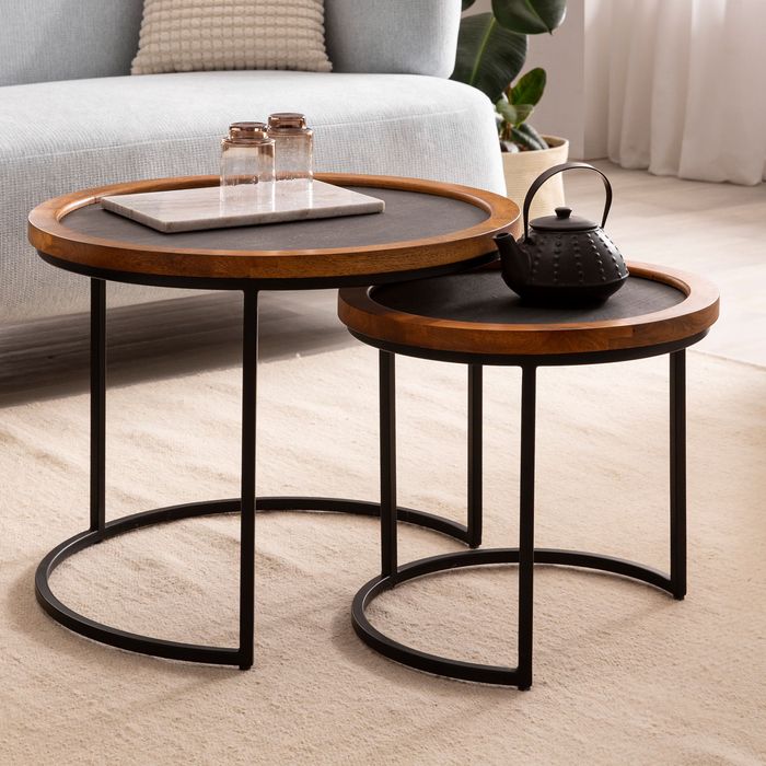 FineBuy Couchtisch 2er Set Mango Massivholz / Steinoptik Wohnzimmertisch Rund, Satztisch mit Metallgestell, Kaffeetisch Modern, Sofatisch Verschachtelungstisch 2-teilig Braun / Anthrazit 4251757718076