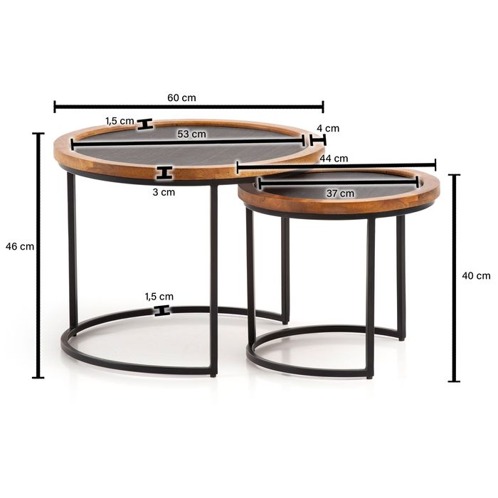 Couchtisch FineBuy Wohnzimmertisch 2er Set Rund Holz / Steinoptik Satztisch – Maßzeichnung