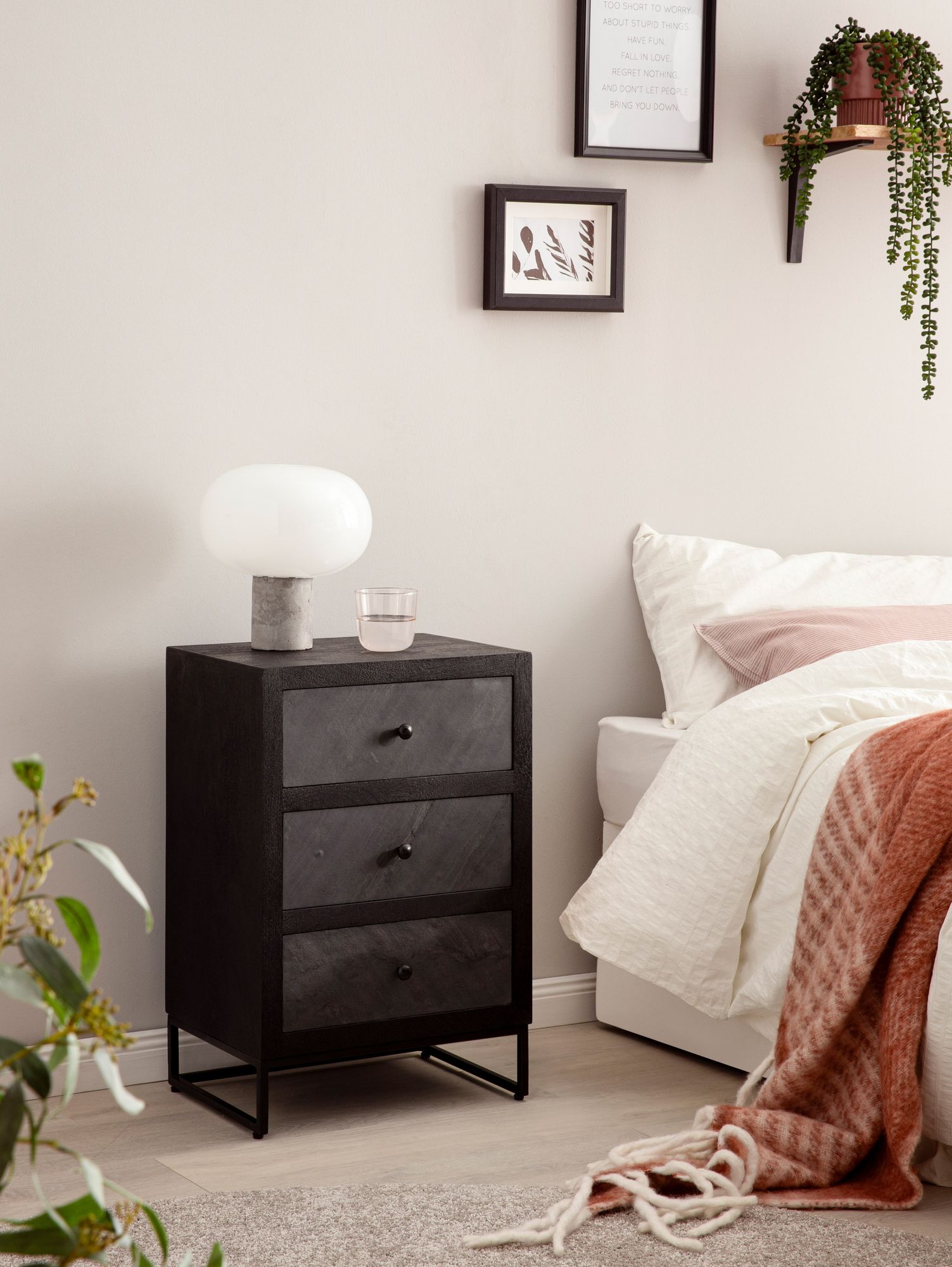 Nachttisch Massivholz 3 Steinoptik Schubladen Design Nachtkonsole Nachtschrank – Ansicht 2