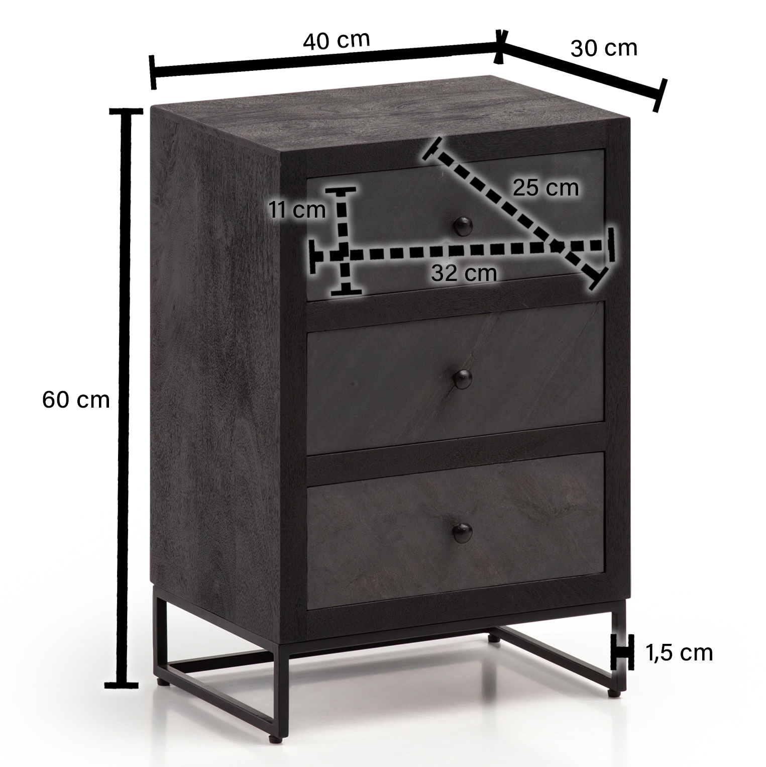 Nachttisch Massivholz 3 Steinoptik Schubladen Design Nachtkonsole Nachtschrank – Ansicht 3