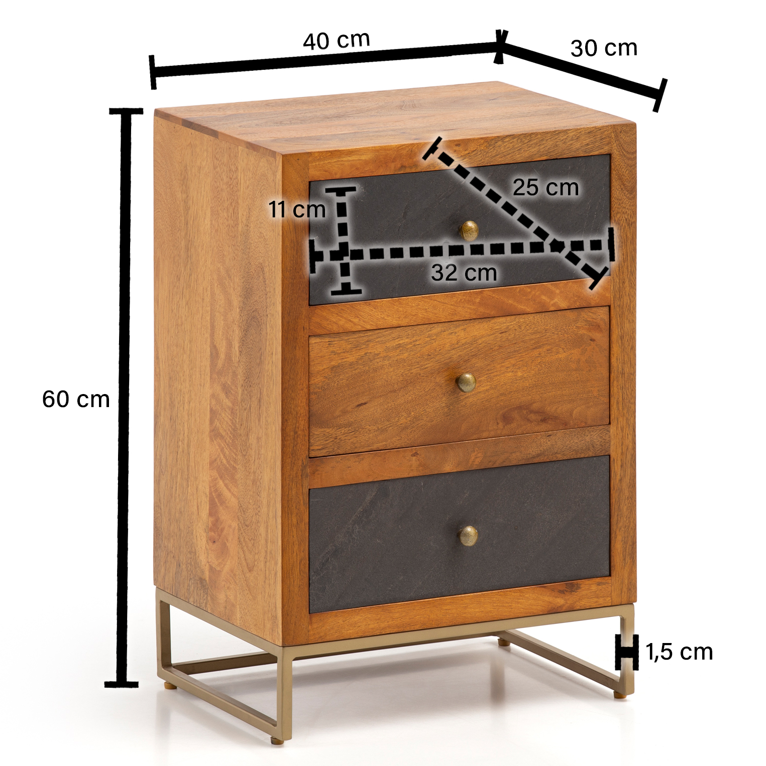 Nachttisch Massivholz 3 Steinoptik Schubladen Design Nachtkonsole Nachtschrank – Ansicht 3