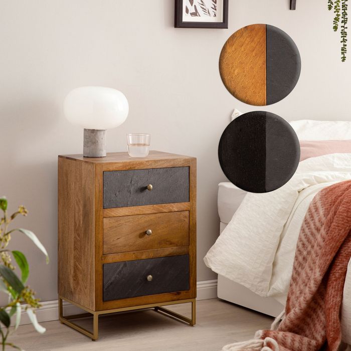 FineBuy Nachttisch Mango Massivholz / Steinoptik 40x60x30 cm Nachtschrank Boxspringbett, Design Nachtkonsole mit 3 Schubladen, Nachtkommode mit Stauraum & Metallgestell