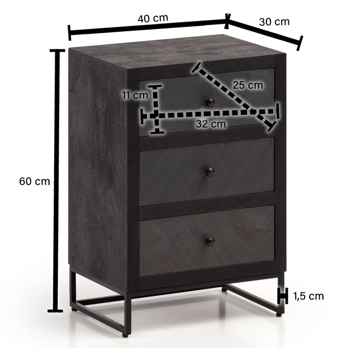 Nachttisch Massivholz 3 Steinoptik Schubladen Design Nachtkonsole Nachtschrank – Maßzeichnung