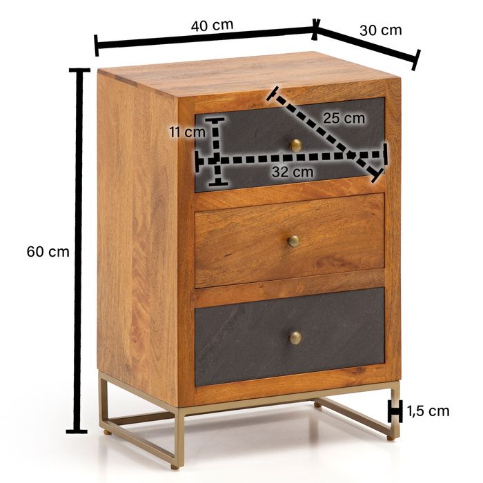 Nachttisch Massivholz 3 Steinoptik Schubladen Design Nachtkonsole Nachtschrank – Maßzeichnung