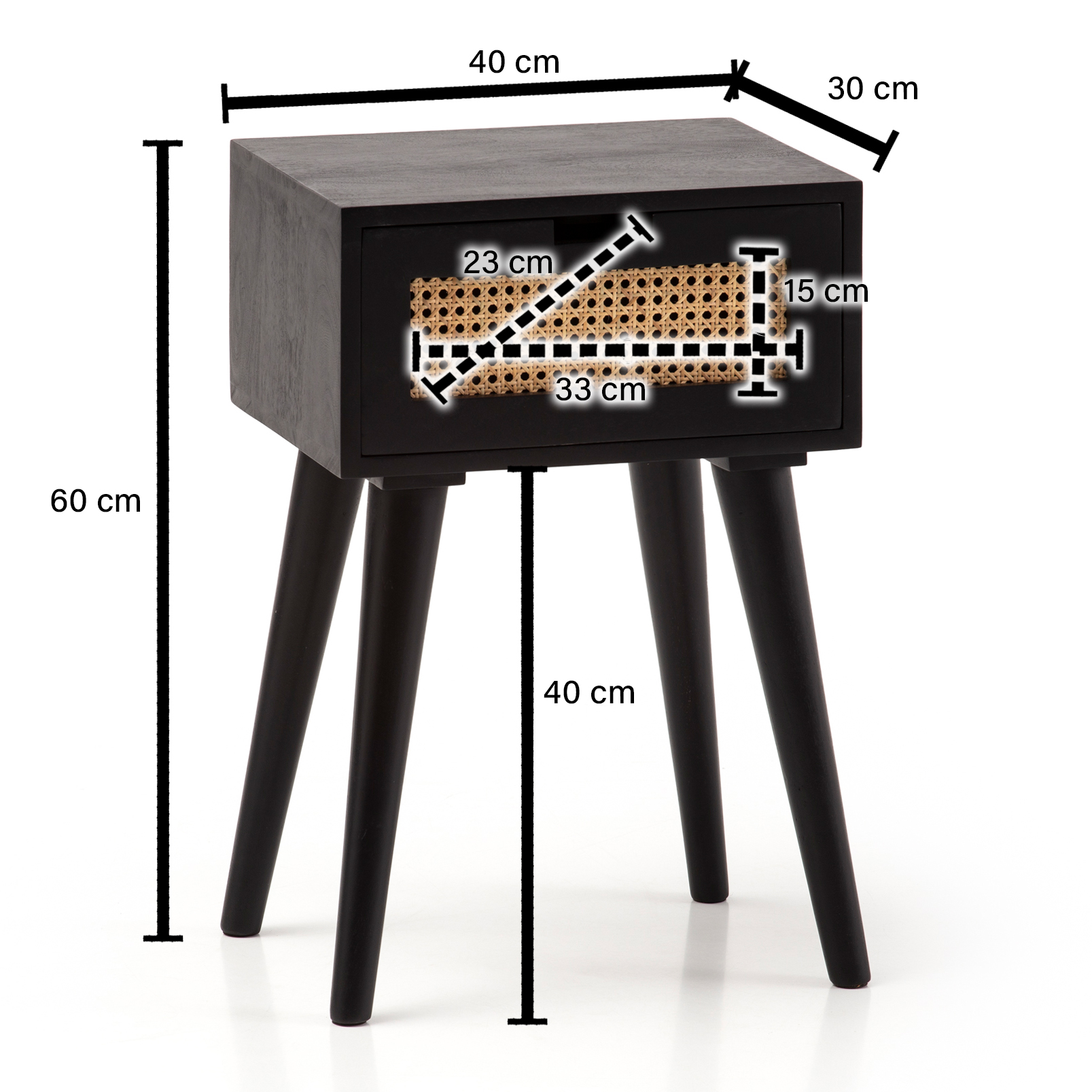 Nachtkonsole Massivholz Schwarz Rattan Schublade Nachttisch Nachtkästchen Boho – Ansicht 3