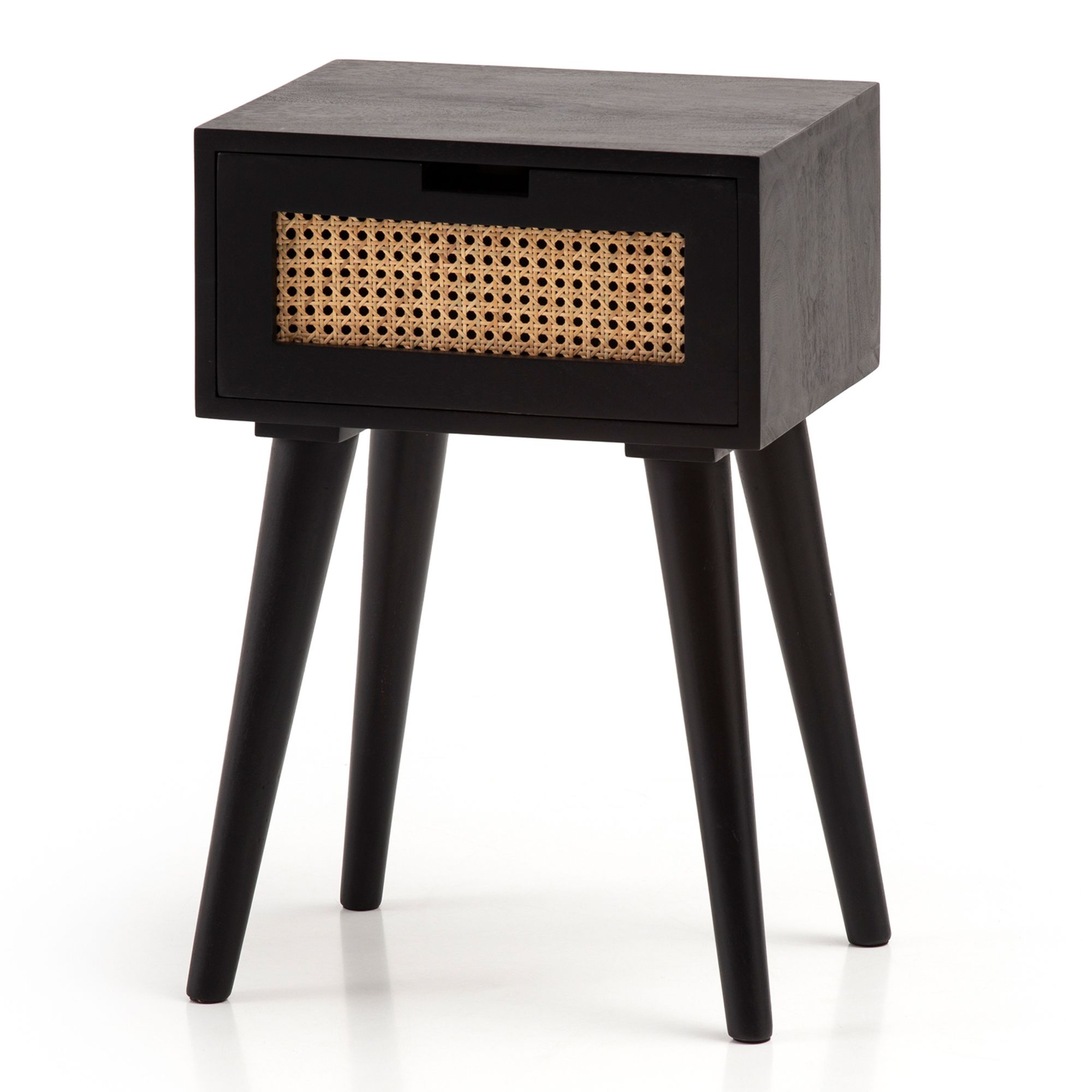 Nachtkonsole Massivholz Schwarz Rattan Schublade Nachttisch Nachtkästchen Boho – Ansicht 6