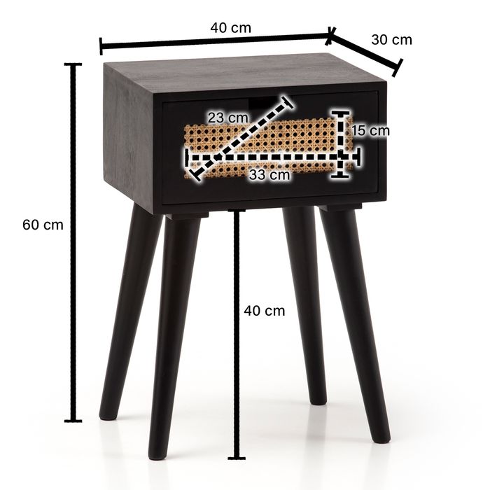 Nachtkonsole Massivholz Schwarz Rattan Schublade Nachttisch Nachtkästchen Boho – Maßzeichnung