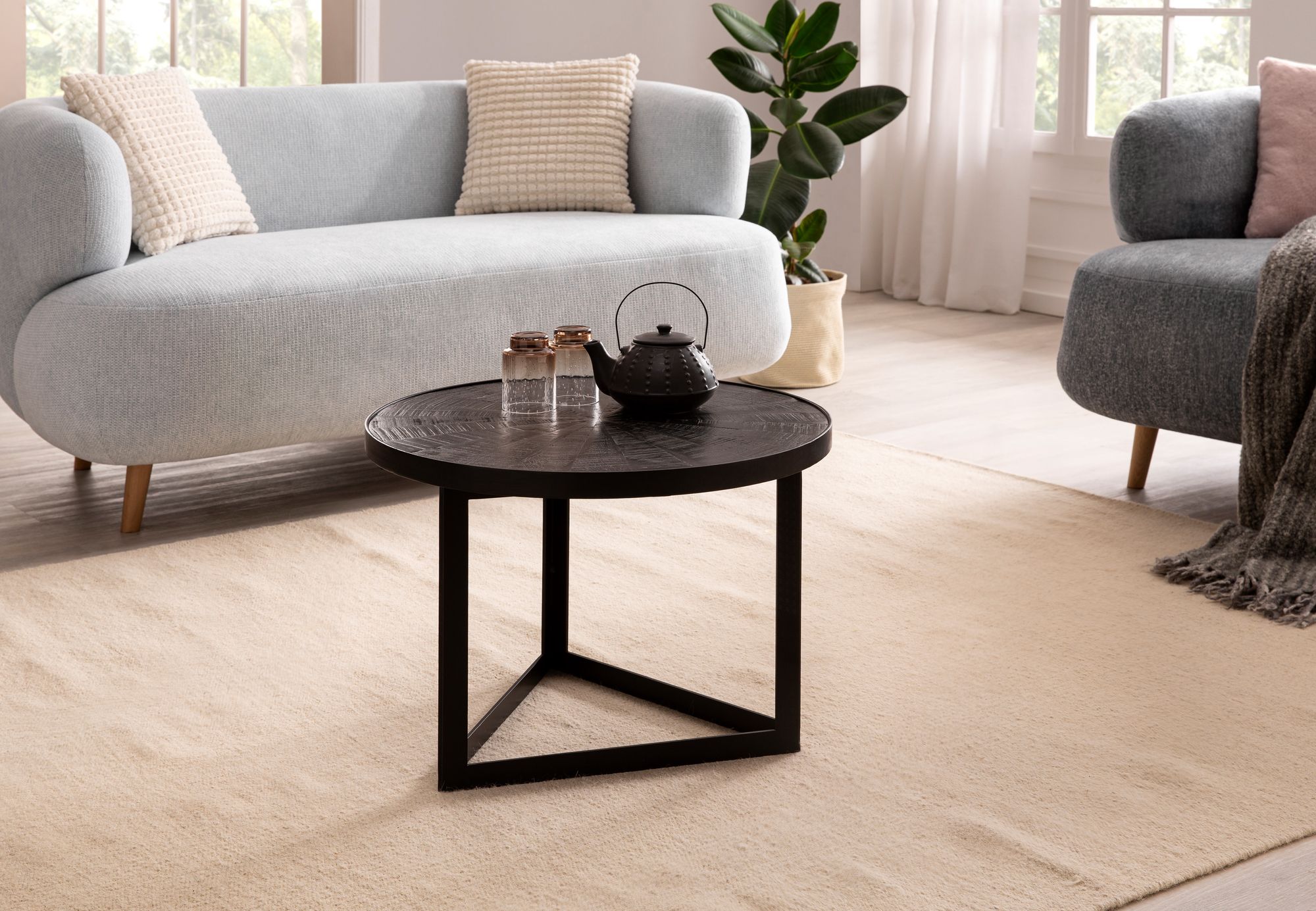 Couchtisch FineBuy Sofatisch 58x58x40 cm Massivholz Schwarz Wohnzimmertisch Rund – Ansicht 2