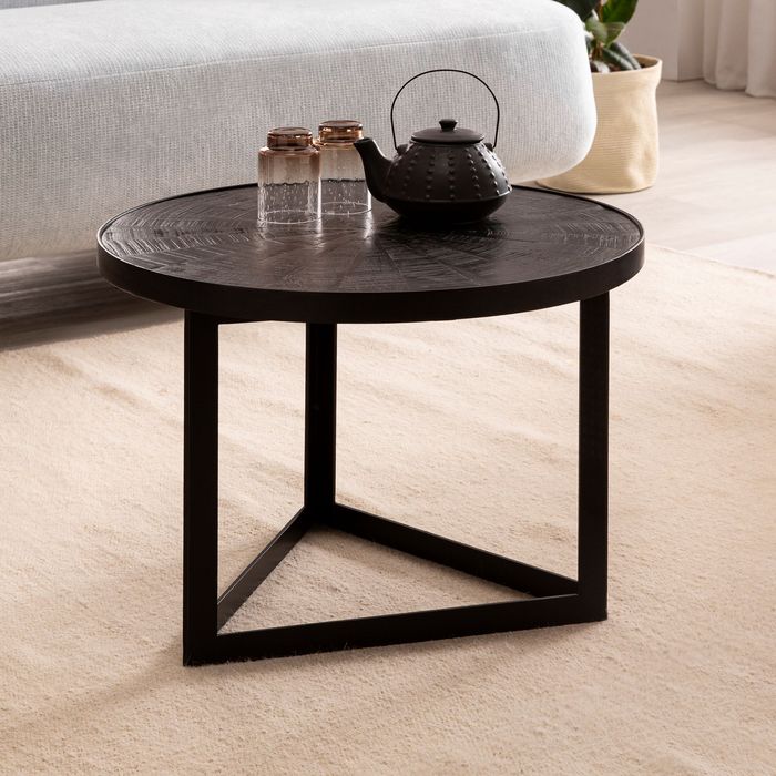 FineBuy Couchtisch 58x58x40 cm Mango Massivholz / Metall Schwarz Sofatisch Rund, Design Wohnzimmertisch Industrial, Kaffeetisch Wohnzimmer Massiv mit Holzmuster