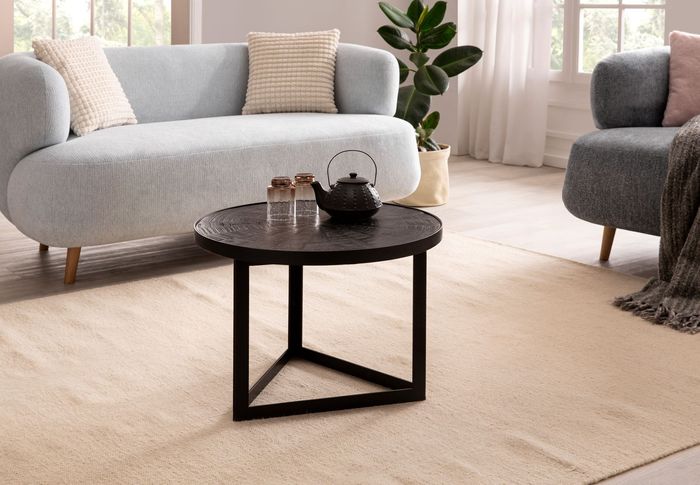 FineBuy Couchtisch 58x58x40 cm Mango Massivholz / Metall Schwarz Sofatisch Rund, Design Wohnzimmertisch Industrial, Kaffeetisch Wohnzimmer Massiv mit Holzmuster