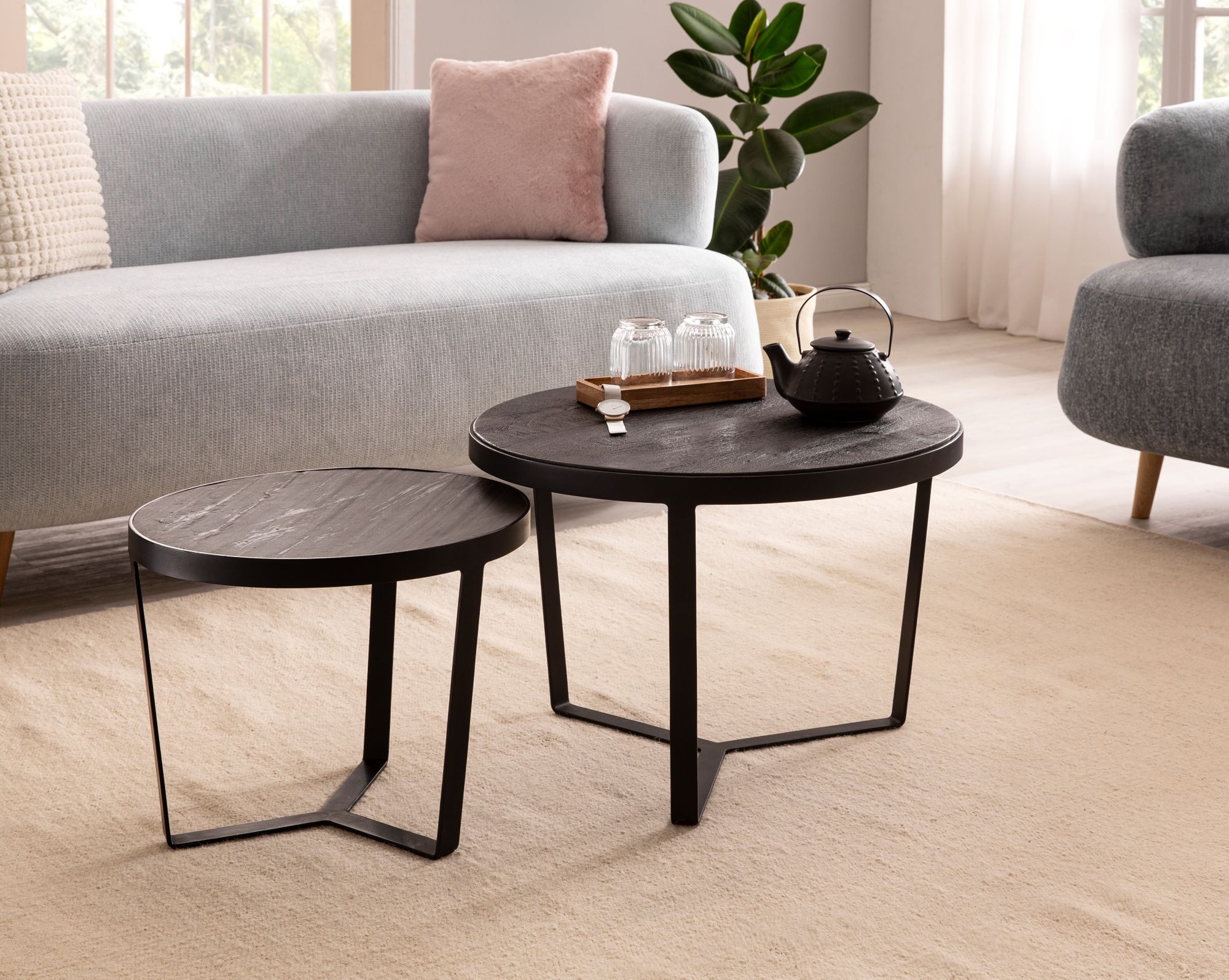 Couchtisch FineBuy Wohnzimmertisch 2er Set Rund Holz / Steinoptik Satztisch – Ansicht 2