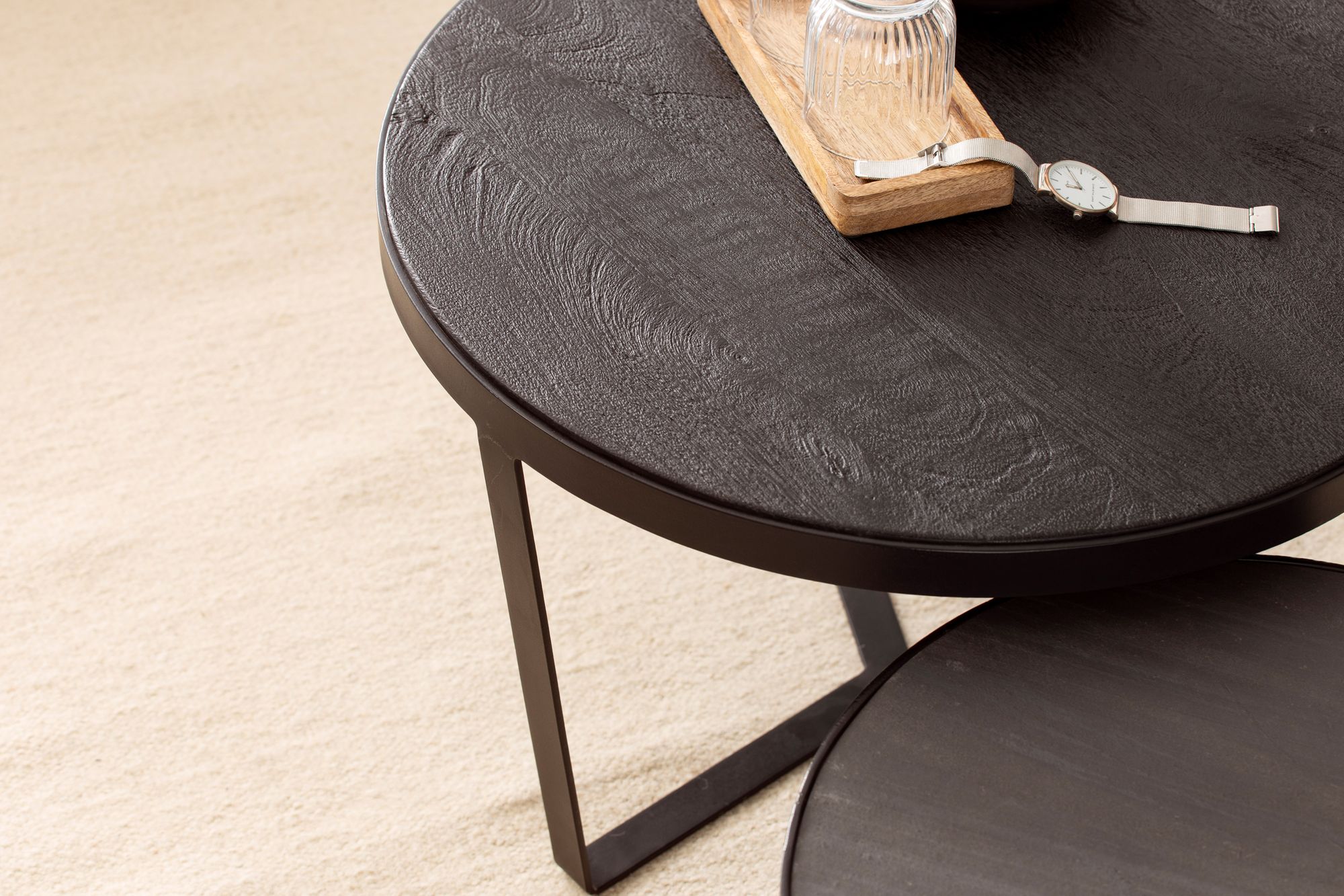 Couchtisch FineBuy Wohnzimmertisch 2er Set Rund Holz / Steinoptik Satztisch – Ansicht 4