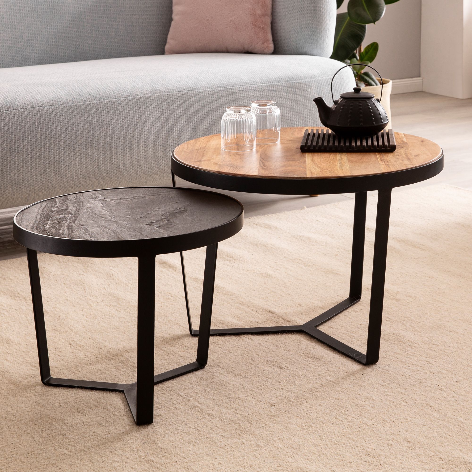 Couchtisch FineBuy Wohnzimmertisch 2er Set Rund Holz / Steinoptik Satztisch – Ansicht 1