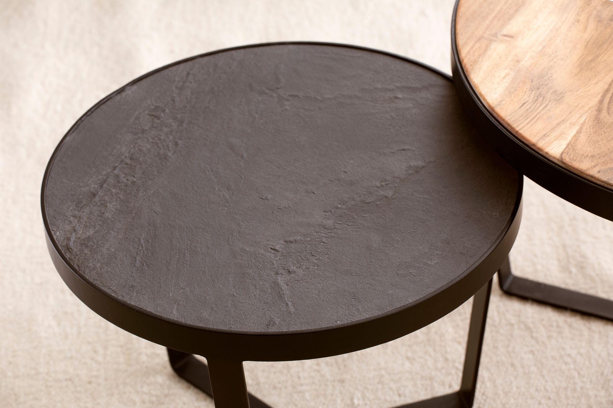 Couchtisch FineBuy Wohnzimmertisch 2er Set Rund Holz / Steinoptik Satztisch – Ansicht 5
