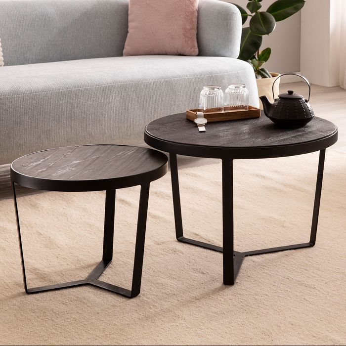 Couchtisch FineBuy Wohnzimmertisch 2er Set Rund Holz / Steinoptik Satztisch