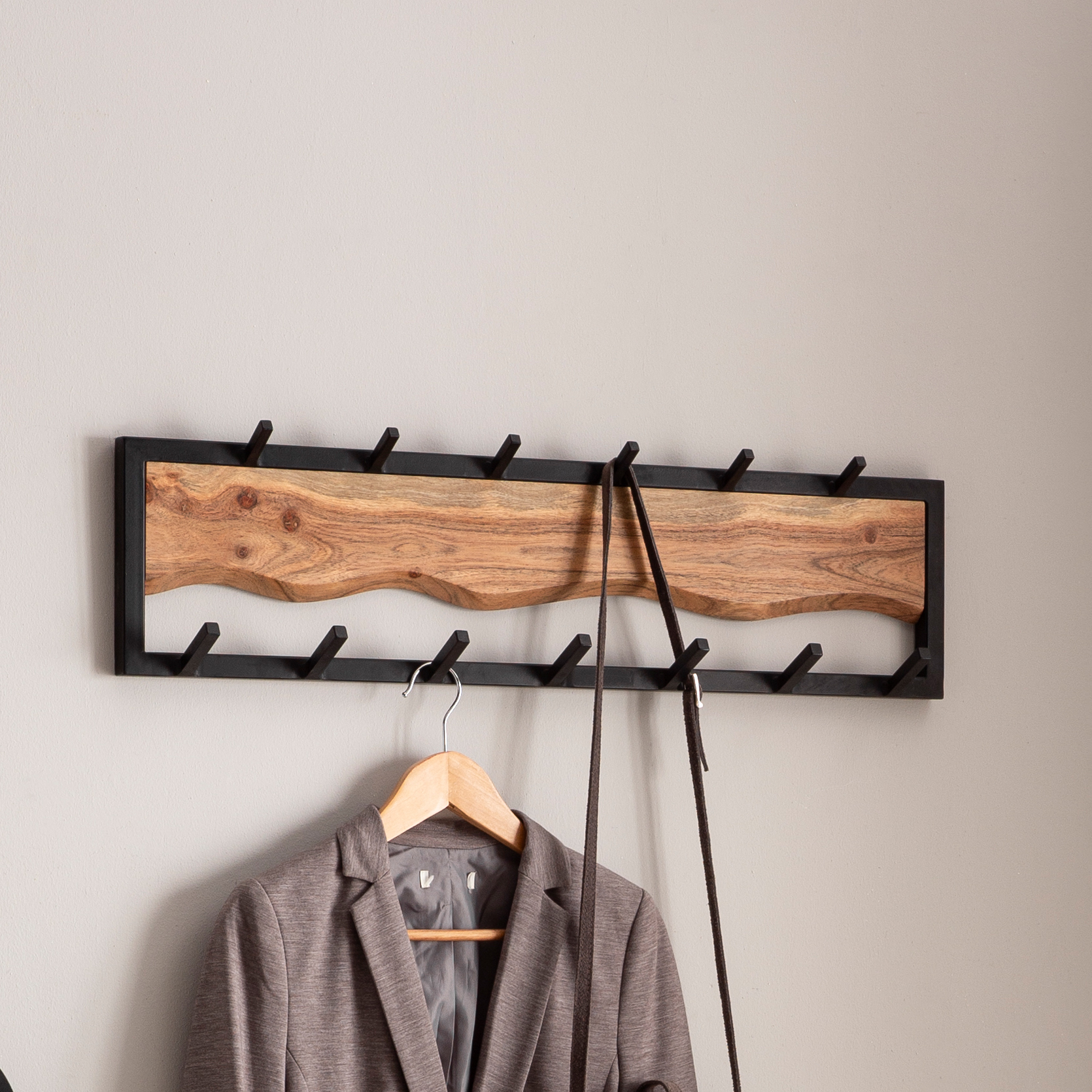 FineBuy Wandgarderobe Akazie Massivholz 80 cm - Garderobenpaneel massiv Holz - Wand Garderobenleiste Hakenleiste - 13 Metall Kleiderhaken