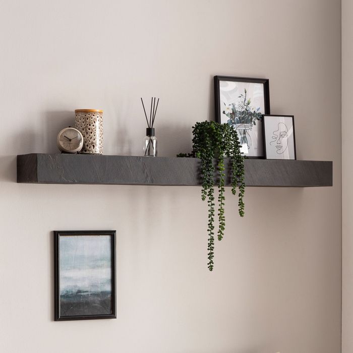 FineBuy Wandregal Mango Massivholz / Steinoptik Hängeregal Modern, Design Schweberegal Rechteckig, Regal Hängend Wohnzimmer Anthrazit