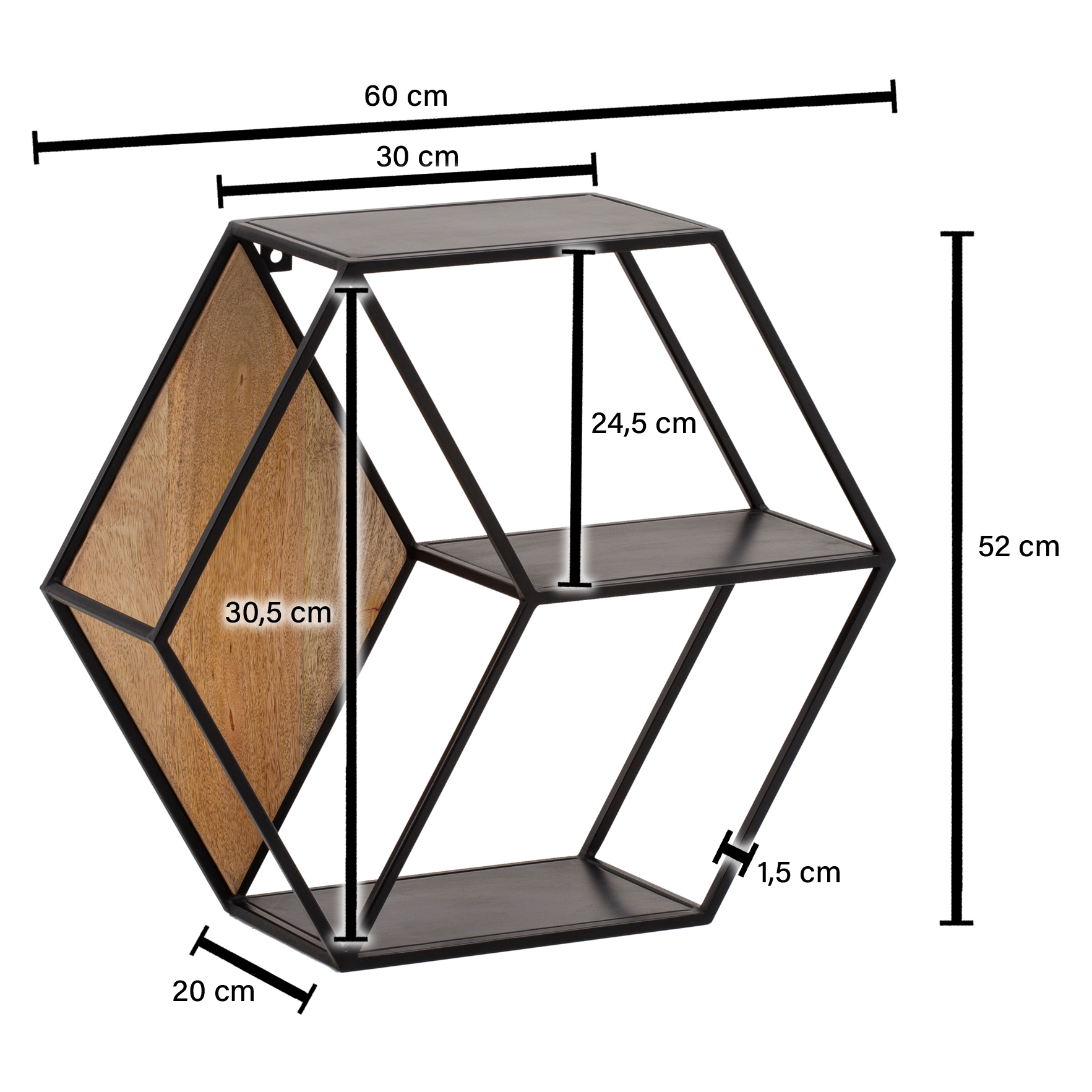 Wandregal FineBuy Hängeregal 60x52x20 cm Massivholz Metall Regal Sechseckig – Ansicht 3