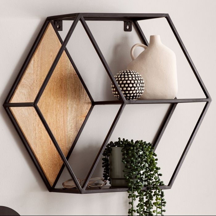 FineBuy Wandregal 60x52x20 cm Mango Massivholz / Metall Hängeregal Industrial, Design Schweberegal Sechseckig, Dekoregal Hängend Wabenform, Regal Wand mit 3 Ablagen 4251757718229