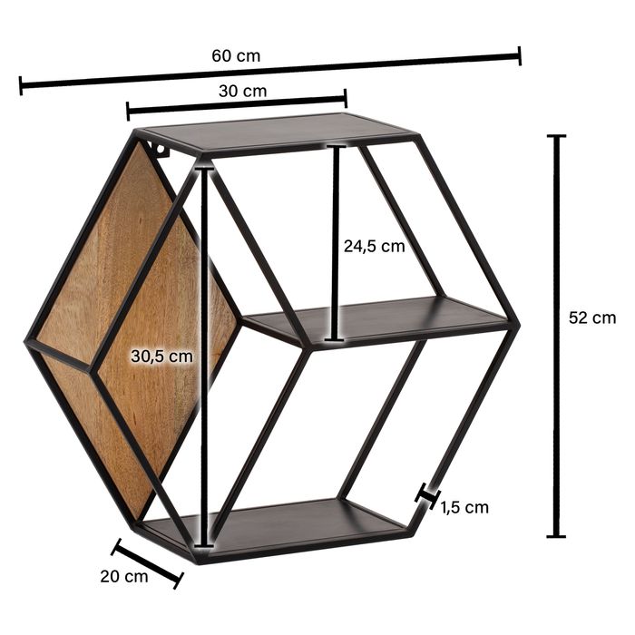 Wandregal FineBuy Hängeregal 60x52x20 cm Massivholz Metall Regal Sechseckig – Maßzeichnung