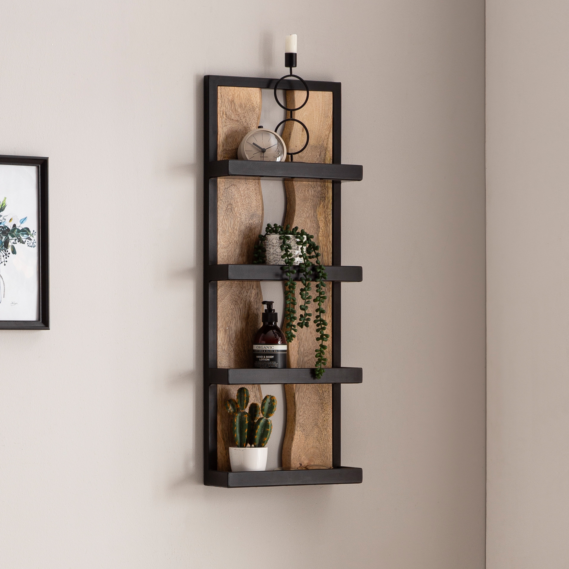 Wandregal FineBuy Hängeregal 30x80x10 cm Massivholz Metall Regal Industrial – Ansicht 1
