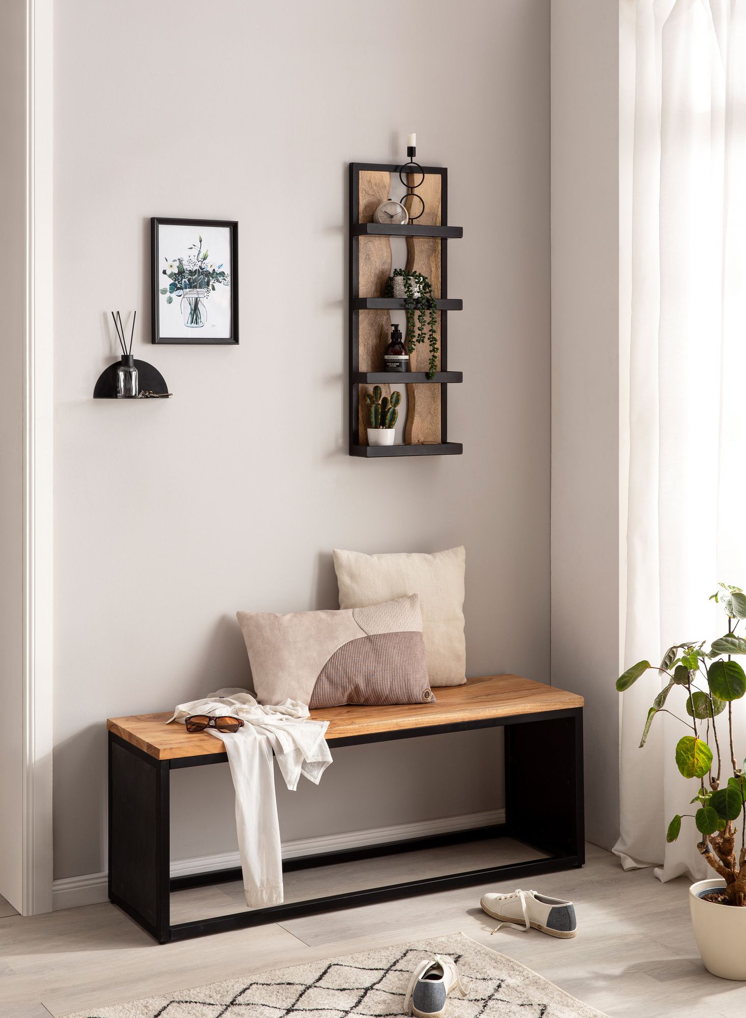 Wandregal FineBuy Hängeregal 30x80x10 cm Massivholz Metall Regal Industrial – Ansicht 2