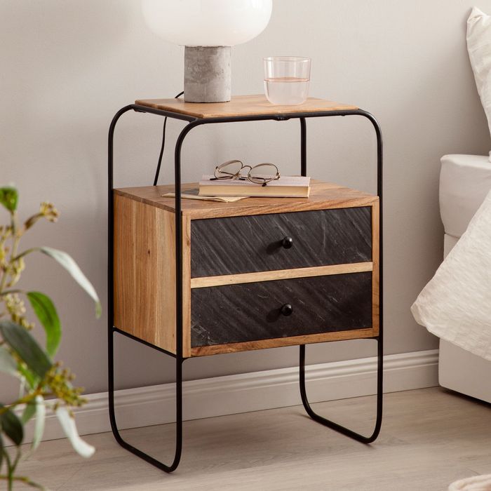 FineBuy Nachttisch Massivholz / Steinoptik 40x60x30 cm Nachtschrank Boxspringbett, Industrial Nachtkonsole mit 2 Schubladen & Ablagefläche, Nachtkommode Stauraum & Metallgestell