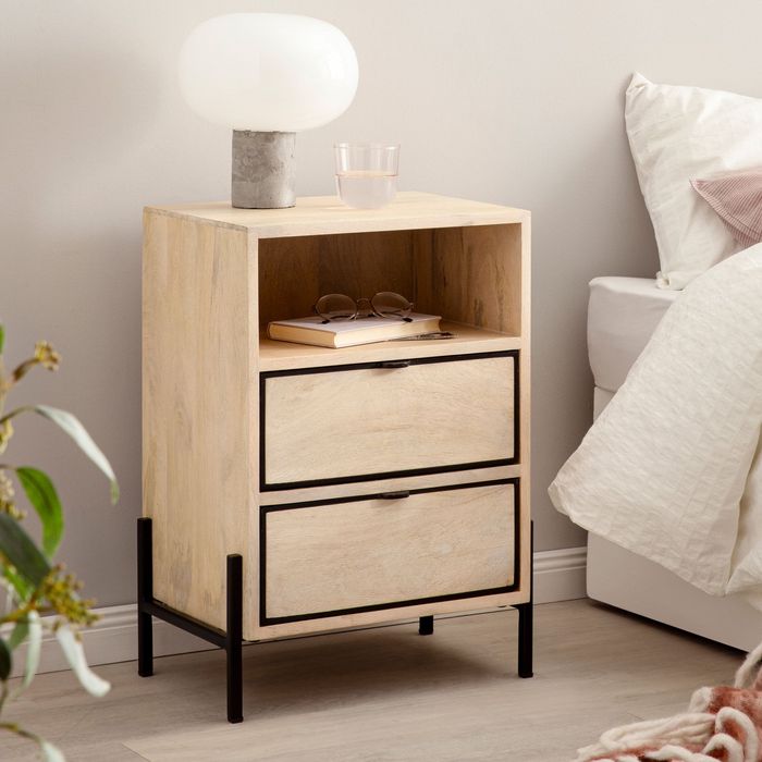 FineBuy Nachttisch Mango Massivholz / Metall 43x60x30 cm Nachtschrank Boxspringbett, Design Nachtkonsole Braun mit 2 Schubladen, Nachtkommode mit Stauraum & Metallgestell 4251757718342