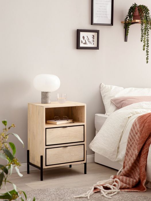 FineBuy Nachttisch Mango Massivholz / Metall 43x60x30 cm Nachtschrank Boxspringbett, Design Nachtkonsole Braun mit 2 Schubladen, Nachtkommode mit Stauraum & Metallgestell 4251757718342