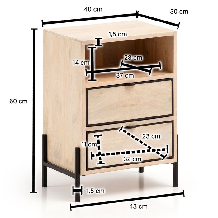 Nachttisch Whitewash Massivholz 2 Schubladen Nachtkonsole Design Nachtkästchen – Maßzeichnung